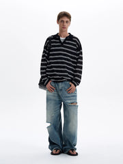 Threebooy American Retro Striped Contrasting Color V-neck Long-sleeved Polo Shirt Men Women Loose Casual Bottoming Trendy Tops Aesthetic