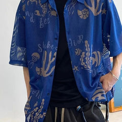 Threebooy Mens Shirt Mesh Underwater World Printed Short Sleeved Shirt Summer Breathable Quick Drying Ethnic Style Top Men's Clothing
