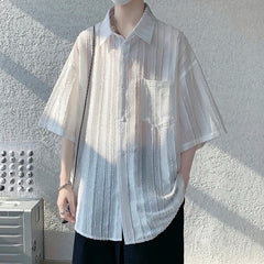 Threebooy Spring Summer Men's Solid Shirts Short Sleeve Harajuku Style Cardigan Casual Blouses Male Plus Size Lapel Shirt