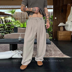 Threebooy New Retro Fashion Men Suit Pants Light Luxury Draped Baggy Belt Button-down Solid Color Straight Trousers Elegant Dress Pants