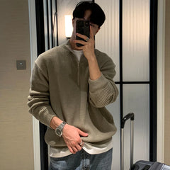 Threebooy Men's Winter Luxury Knitted Pullover Casual Stand Collar Zipper Sweater Solid Color Long Sleeve Korean Popular Loose Knitwear