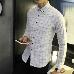 Threebooy Korean Men Spring Autumn Thicken Shirt Turn-down Collar Plaid Panelled Cotton Long Sleeve Slim Vintage Casual All-match Tops