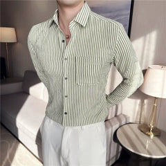 Threebooy Fashion Stripe Casual Men Long Sleeve Button Shirt Stitching Pocket Design Fabric Soft Comfortable for Men Slim Fit Dress Shirt