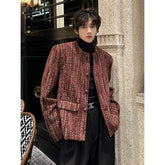Threebooy Round Collar Tweed Blazers Cardigan Men's Autumn Collarless Short Jacket Korean Style Chic Fashion Elgance Coat Handsome Jackets