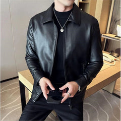 Threebooy Mens Fashion Leather Jacket Slim Fit Stand Collar PU Jacket Male Anti-wind Motorcycle Zipper Jackets Men 4XL-M