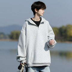 Threebooy Spring Casual Hoodie Mens Half Zip Pullover Pure Color Streetwear Oversize Comfort Loose Fit Trending Hooded Sweatshirt
