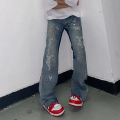Threebooy Y2K Streetwear Baggy Ripped Jeans Pants Men Designer Clothes Washed Blue Straight Hip Hop Denim Trousers Ropa Hombre