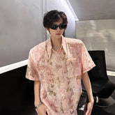 Threebooy Pink Butterfly Tassel Shirt Men Front Pocket Summer Loose Casual Floral Short Sleeve Shirts Oversize Streetwear Boy Girl Blouses