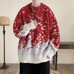 Threebooy New Popular Snowflake Gradient knitwear Autumn Winter Casual Round Neck Contrast Color Knitted Sweater Men's Pullover Black/Red