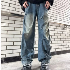 Threebooy Y2K Fashion Washed Blue Pleated Baggy Jeans Pants Men Designer Clothes Straight Wide Leg Denim Trousers