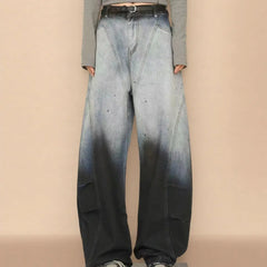 Threebooy American retro gradient high street splashed ink personality loose curved knife hip-hop jeans men and women trendy casual pants