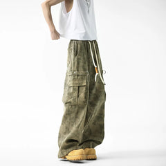 Threebooy Men Military Camo Workwear Cargo Pants Elastic Waistband Drawstring Tactical Joggers Loose Straight Leg Big Side Pockets Outdoor