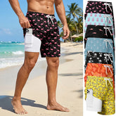 Threebooy 3D Print 2 in 1 Mens Swim Trunks Summer Quick Dry Beach Shorts with Phone Pocket Swimwear Swimsuit Bathing Suit Board Shorts