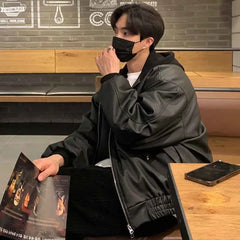 Threebooy Men's Hooded PU Leather Jackets High Street Patchwork Solid Color Double Zipper Baggy Male Short Coats Spring New