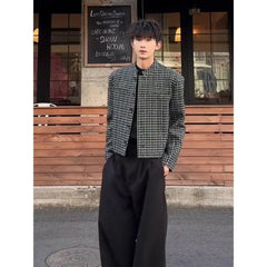 Threebooy Bold Woolen Plaid Suit Jacket Men Spring Autumn Silhouette American Shoulder Pad Jacket Short Black White Suit Top