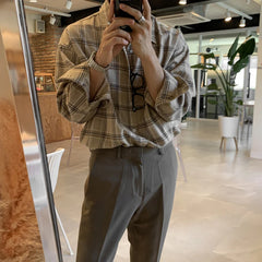 Threebooy Men Casual Plaid Shirts Single Breasted Long Sleeve Loose Blouse Male Korean Chic Streetwear Fashion All-match Outwear BF