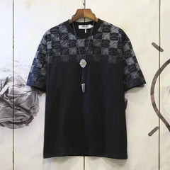 Threebooy Summer Japanese Men's New Pullover O-Neck Patchwork Printed Plaid Fashion Loose Casual Versatile Short Sleeved T-shirt Tops