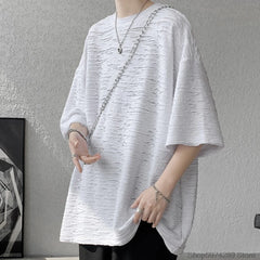 Threebooy Summer Chic Fashion Holes T-Shirts For Men Clothing Short Sleeve O-Neck Loose Casual Solid Color Tee Shirt Homme Streetwear