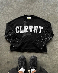 Threebooy Hip Hop Goth Letter Pattern Double Layer Long Sleeved Graphic T Shirts Harajuku Retro Hot Diamond Oversized Sweatshirt Tops