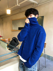 Threebooy Autumn Winter High Ne Knitted Sweater Men's Casual Loose Fit Button up Cardigan Soft Cozy Gem Blue Lazy Aosphere