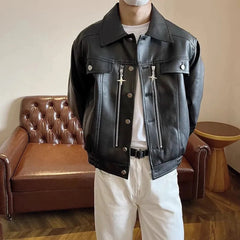 Threebooy Mens Pu Leather Jacket Zipper Motorcycle Pu Jacket Fashion Streetwear Biker Temperament Soft Casual Jacket Men'S Clothing