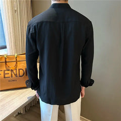 Threebooy Long-sleeved Stand-collar Pleated Shirt Men's Summer Seaside Vacation Style Casual and Versatile Solid Color Spring Autumn Shirt