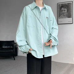 Threebooy Solid Color Men's Fashionable Candy Color Shirt Men's Casual Long Sleeve Shirt for Men Turn Down Collar Overshirt Black White
