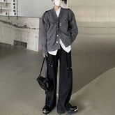 Threebooy American Street Niche Deconstructed Stand-Up Collar Sweater Men'S Destroyed Design Sense Wool Coat Metal Button Trend Y2k Jacket
