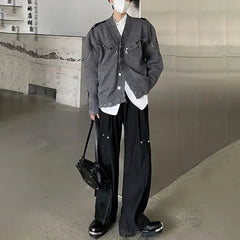 Threebooy American Street Niche Deconstructed Stand-Up Collar Sweater Men'S Destroyed Design Sense Wool Coat Metal Button Trend Y2k Jacket