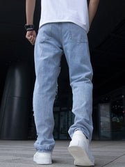 Threebooy Men Cracked Stretchable Lightning Jeans Fashionable Streetwear Holes Ripped Patchwork Denim Pants Slim Skinny Trousers for Men