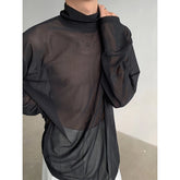 Threebooy Sexy Perspective High-neck Long Sleeve T Shirt Men Women Net Yarn Bottoming Shirt Spring Summer Transparent Black Tee Shirts