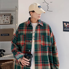 Threebooy Harajuku Long Sleeve Plaid Shirts Men Big Size M-5XL Autumn Chic Loose Vintage High Street All-match Gentleman Camisa