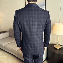 Threebooy Elegante Men's 2 Piece High Quality Suit Groom Checkered Tuxedo One Button Slim Fit Wedding Groom Business Prom