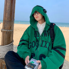 Threebooy American retro hoodies jacket for men Letter print Hooded Sweatshirt Baggy Zipper Hoodie Coat Green hoodies Men/Women Outwear