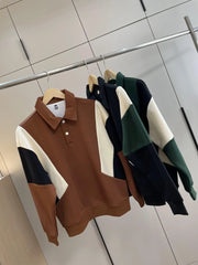 Threebooy Retro College Style Design Autumn Men Women Trendy Contrasting Color Splicing Lapel Long-sleeved Versatile POLO Shirt Sweatshirt