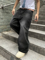 Threebooy 1Pc Men's Daily Travel Casual American Street Loose Jeans, Black, Light Blue, Sea Blue Fashion Street Style Retro Lantern Jeans Jeans Denim Pants