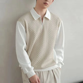 Threebooy Trend Fashion Men Polo Shirts Spring Autumn New Lapel Half Zipper Fake Two Pieces Contrast Color Korean Casual Long Sleeve Tops