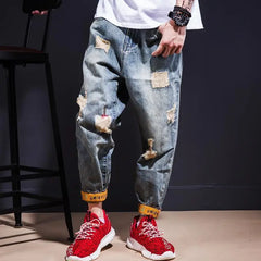 Threebooy With Print Tapered Men's Jeans Broken Ripped Retro Korean Fashion Man Cowboy Pants Graphic Torn Slim Fit Boot Cut Holes Trousers