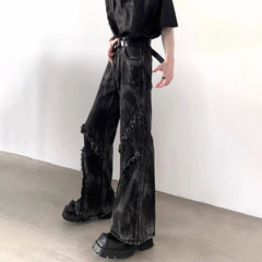 Threebooy Mens Plush Edge Jeans Hip-Hop Streetwear Fashion Vintage Y2k Dark Gothic Wide Leg Jean 2024 Autumn Male Trouser Denim Pants