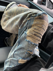 Threebooy High Street Denim Pants Camouflage Spliced Micro Flare Jeans Unisex Hip Hop Straight-Ripped Breasted Punk Trousers