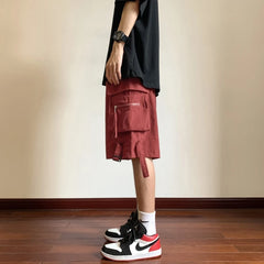 Threebooy Summer Men's Ice Silk Fabric Casual Streetwear Work Shorts Fashion Trend Black/Red Color Loose Cargo Shorts M-2XL