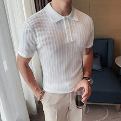 Threebooy British Style POLO Shirts Men Knitting Short Sleeve Shirts Solid Color Lapel Business Casual Top Summer Social Clothing 3XL