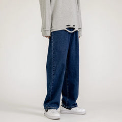 Threebooy Korean Fashion Men's Baggy Jeans Classic All-match Solid Color Straight-leg Denim Wide-leg Pants Male Light Blue Grey Black