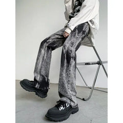 Threebooy Tie-dye Jeans Men Ins High Street Design Pants Trendy Brand Loose Straight Trousers