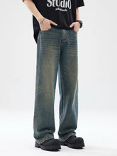 Threebooy Autumn New Baggy Straight Jeans Men Full Length Washed Distressed Denim Pants High Street Korean Streetwear Male Trousers Black