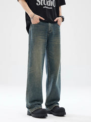 Threebooy Autumn New Baggy Straight Jeans Men Full Length Washed Distressed Denim Pants High Street Korean Streetwear Male Trousers Black