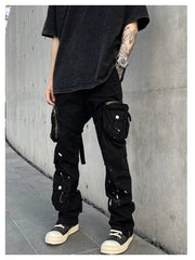 Threebooy Street Strap Speckled Ink Pocket Stereoscopic Cut Micro Horn Workwear Pants Hip Hop High Street Punk y2k streetwear Stacked Casual Pants