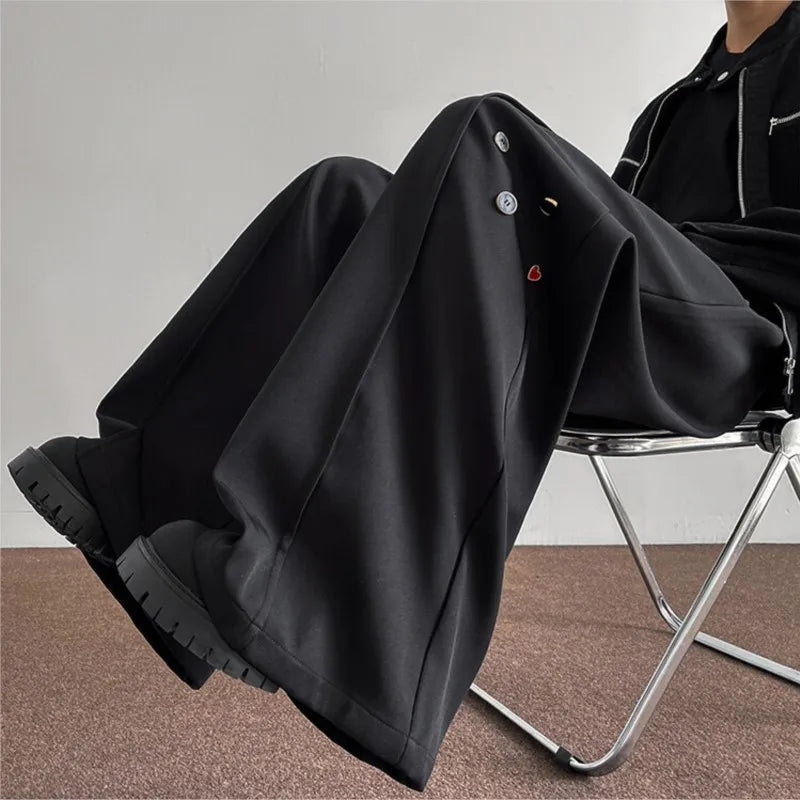 Threebooy Fashion Black Casual Pants Men Buttons Design High Street Hip-hop Wide Leg Mopping Trousers All-match Casual Korean Style