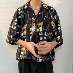 Threebooy Mens Shirt Ice Silk Pocket Printed Short Sleeve Shirt Summer Casual Hawaii Personalized High Street Retro Jacket Men's Clothing