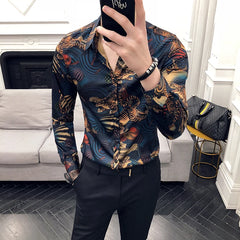 Threebooy Men Shirt Long Sleeve Hawaiian Social Luxury Button Up Cardigan Blouses Single Breasted Turn-down Collar Broad